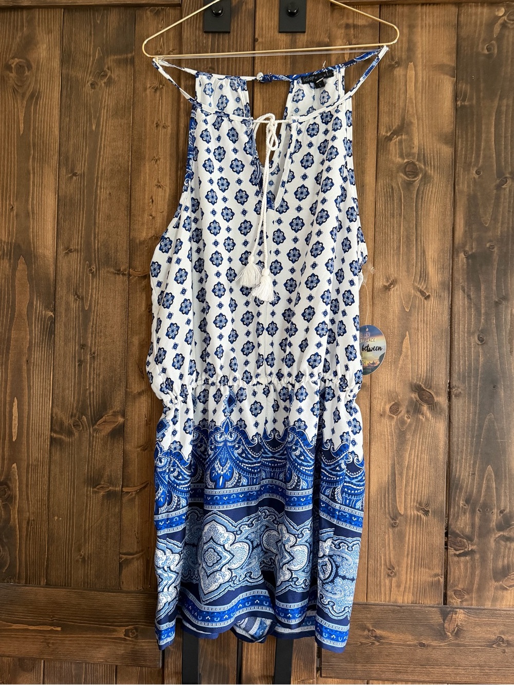 BeBop White and Blue Paisley-Print Romper with Tassel Tie